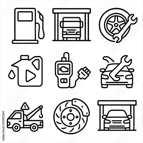 Maintenance Icons Set. Outline style icons of Fueling and Maintenance: fuel pump, truck service station, tire change icon, oil