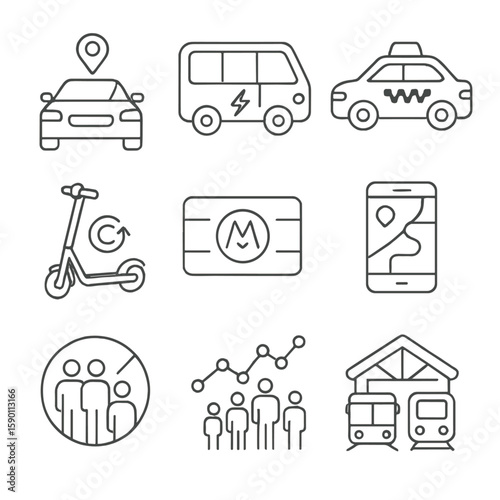 Urban Mobility Icons. Outline style icons of Crowd Mobility Transport: ride-hailing car, electric shuttle, smart taxi icon, shared