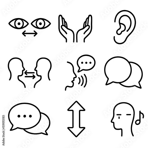 Interpersonal Communication Icons. Outline style icons of Interpersonal Communication: eye contact symbol, open hands, listening