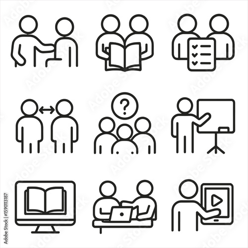 Collaborative Learning Icons. Outline style icons of Learning Together: coworker tutoring icon, book between teammates, shared