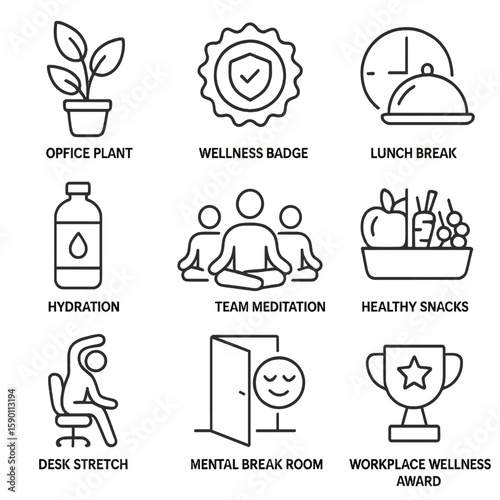 Workplace Wellness Icons. Outline style icons of Workplace Wellness: office plant, wellness challenge badge, lunch break icon,