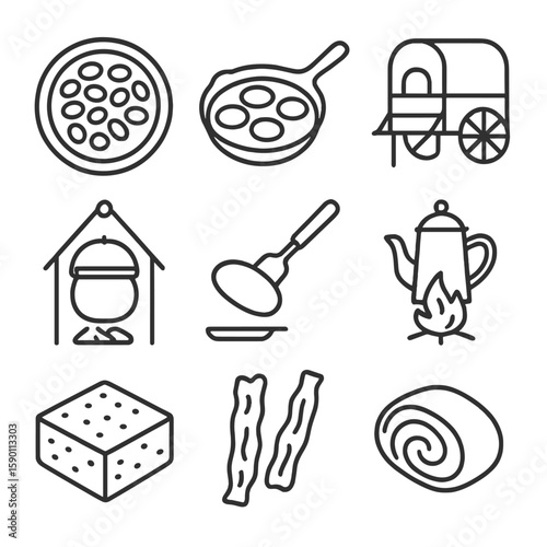Cowboy Meal Icons. Outline style icons of Cowboy Meals: tin plate with beans, cast iron skillet, chuckwagon icon, cowboy stew pot,