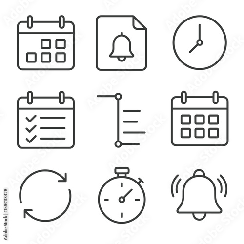 Outline Calendar Icons. Outline style icons of Calendar and Scheduling: calendar date, event reminder, clock, alarm bell, weekly