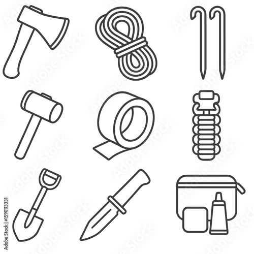 Camp Tools Icons. Outline style icons of Camp Tools: hatchet, rope coil, tent stakes, mallet, duct tape roll, paracord bracelet,
