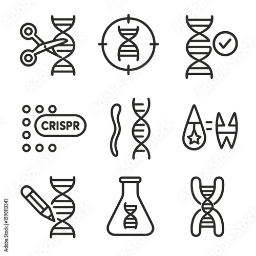 CRISPR Editing Icons. Outline style icons of CRISPR and Editing: gene scissors, target DNA site, edited base pair, CRISPR marker,
