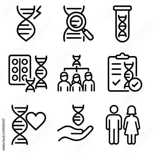 Outline DNA Health Icons. Outline style icons of DNA and Health: genetic disorder icon, health gene marker, DNA test tube,