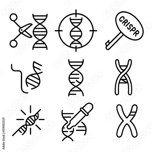 CRISPR Editing Icons. Outline style icons of CRISPR and Editing: gene scissors, target DNA site, edited base pair, CRISPR marker,