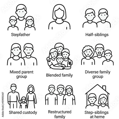 Blended Family Icons. Outline style icons of Blended Family: stepfather with kids, stepmother icon, half siblings, mixed parent