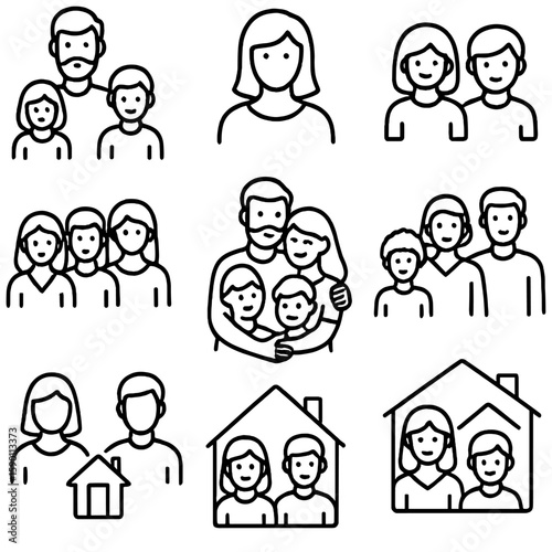 Blended Family Icons. Outline style icons of Blended Family: stepfather with kids, stepmother icon, half siblings, mixed parent