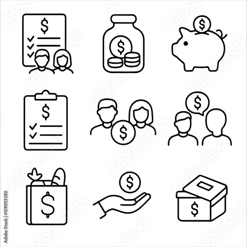 Family Budget Icons. Outline style icons of Family Budgeting: family budget plan, savings jar, piggy bank for kids, expense list,