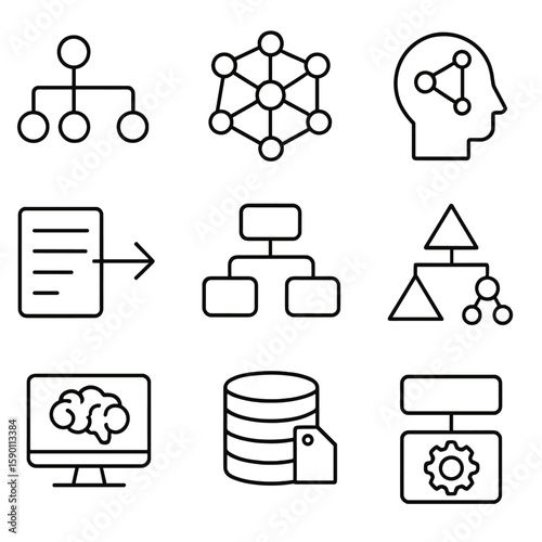 Outline AI Icons. Outline style icons of Knowledge Representation: logic node map, semantic network, symbolic AI icon, rule-based