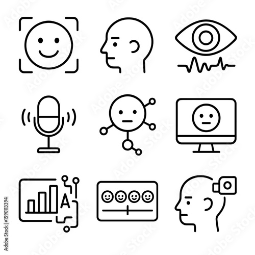 AI Emotion Icons. Outline style icons of Emotion Recognition in AI: smiling recognition face, emotion tracking icon, eye movement