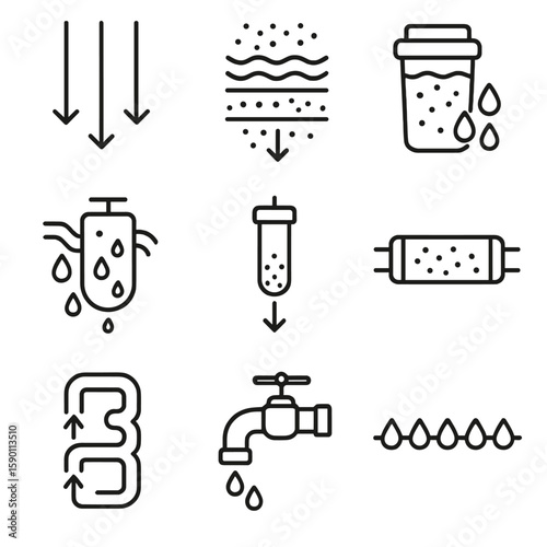 Filtration Process Icons. Outline style icons of Filtration Flow Diagrams: downward flow arrows, multi-layer stages, side-view