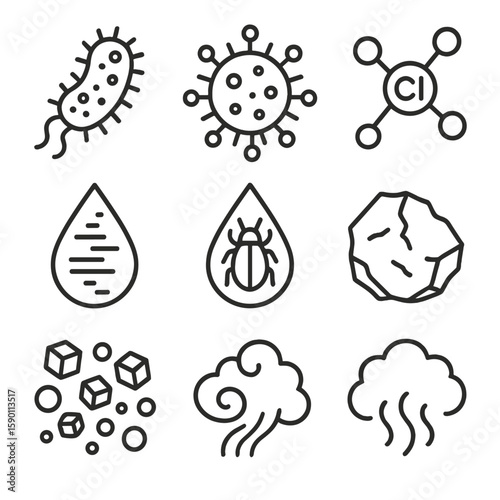 Contaminants Removal Icons. Outline style icons of Contaminants Removed: bacteria icon, virus symbol, heavy metals icon, chlorine