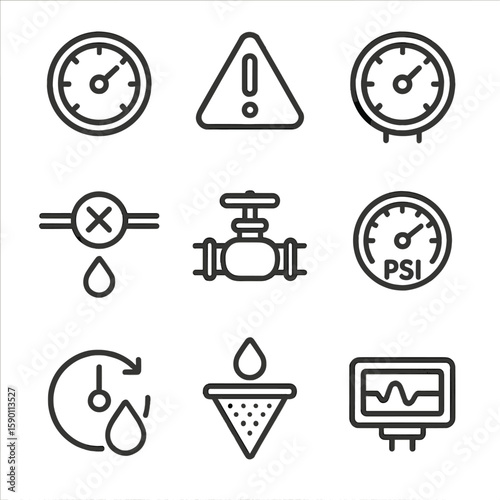 Filtration Pressure Icons. Outline style icons of Filtration Pressure Indicators: pressure gauge icon, too high alert, normal