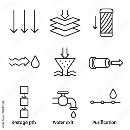 Filtration Process Icons. Outline style icons of Filtration Flow Diagrams: downward flow arrows, multi-layer stages, side-view