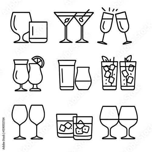 Outline Drink Icons. Outline style icons of Dual Glass Combos: couple’s drink glass, two martinis, clinking champagne flutes,