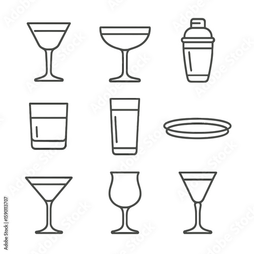 Vintage Cocktail Glass Icons. Outline style icons of Historical Cocktail Glasses: prohibition-style glass, 1920s coupe, vintage