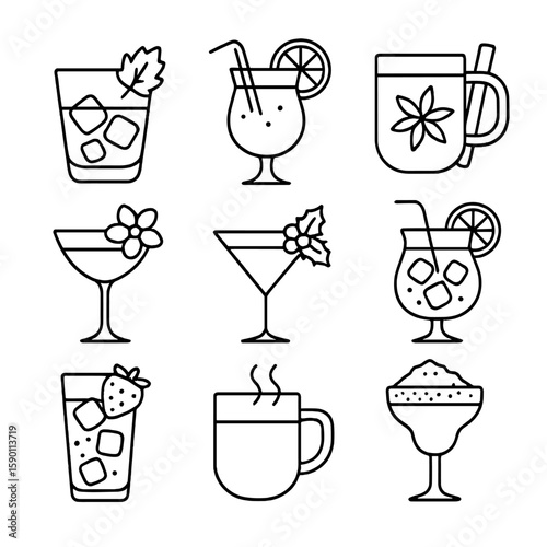 Seasonal Cocktails Icons. Outline style icons of Seasonal Cocktails: autumn drink glass, summer fruit cocktail, winter spice glass