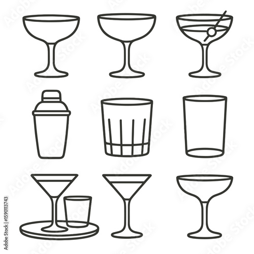 Vintage Cocktail Glass Icons. Outline style icons of Historical Cocktail Glasses: prohibition-style glass, 1920s coupe, vintage