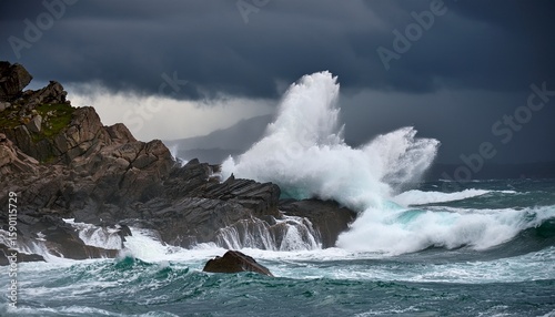 massive waves crashing against rocky coastline amidst dark storm clouds dramatic ocean views stormy weather wave crashes