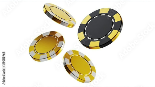 A product photography shot of four floating casino chips against a pure white background