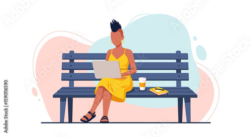 A stylish illustration of a young woman working on her laptop outdoors, perfect for blogs, websites, or social media posts about remote work, freelance life, or digital nomadism.