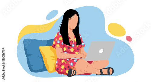 Woman working on laptop, perfect for blog posts about remote work, freelancing, or digital nomadism.