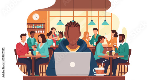 Diverse group of people socializing in a cafe, with one person working on a laptop; perfect for articles about coworking spaces, community, or social interaction.