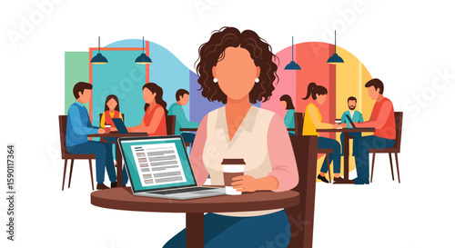 A woman working on her laptop in a coffee shop, surrounded by other people. Ideal for illustrating remote work, coworking spaces, or the modern office.