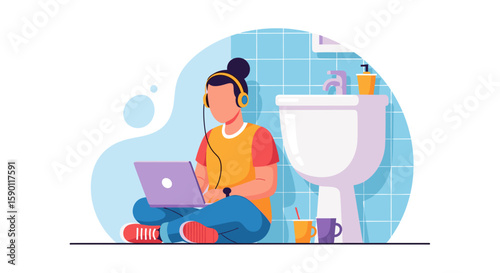 Illustration of a person working on a laptop in a bathroom, perfect for articles on remote work, work-life balance, or unusual workspaces.