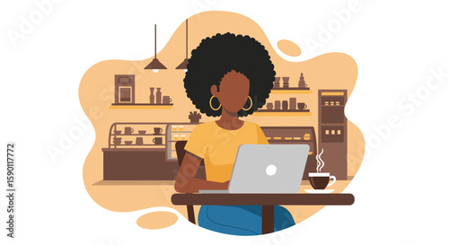 Woman working on laptop in coffee shop; perfect for blogs, websites, or social media posts about remote work, coffee culture, or entrepreneurship.