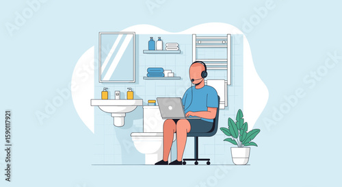 Illustration of a person working on a laptop in a bathroom, perfect for articles on remote work, work-life balance, or humorous office situations.