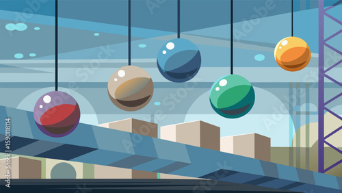 A series of suspended metal and glass orbs catching the sunlight and casting colorful reflections on the construction site below.. Vector illustration