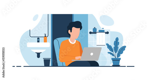 Illustration of a person working on a laptop in a bathroom, perfect for articles on remote work, work-life balance, or unusual workspaces.