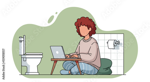 Illustration of person working on laptop in bathroom, perfect for articles on work-life balance, remote work, or humorous social media posts.