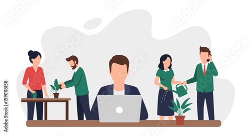 Teamwork, plant care, and productivity: A vector illustration ideal for blog posts, presentations, or website banners about work-life balance and positive work environments.