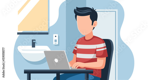 Illustration of a person working on a laptop in a modern bathroom, perfect for articles on remote work, flexible workspaces, or modern home design.