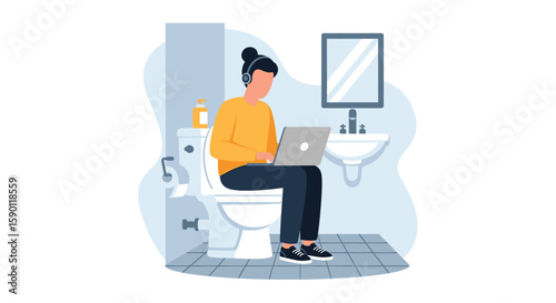 Person working on laptop while sitting on toilet.  Perfect for articles on work-life balance, remote work struggles, or humorous social media posts.