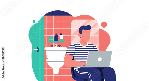 Illustration of a man working on his laptop in a bathroom, perfect for articles on work-life balance, remote work, or modern lifestyles.
