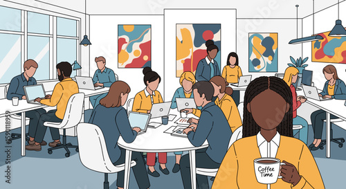Illustration of a diverse team working in a modern office, perfect for blog posts about workplace diversity, company culture, or remote work.