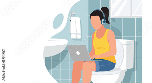 Woman working on laptop in bathroom, perfect for illustrating work-life balance articles or social media posts about remote work.