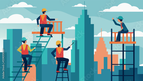 As the workers move higher up the scaffolding the views of the city below become more and more stunning.. Vector illustration