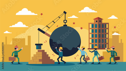 As the demolition progresses the building becomes increasingly unstable and the workers must carefully plan each strike of the wrecking ball to avoid. Vector illustration