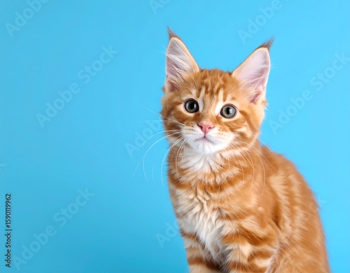 Cute ginger kitten against vibrant blue