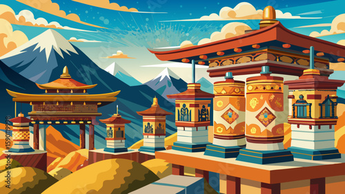 Thimphu, Bhutan – Prayer wheels spin beside traditional Bhutanese buildings and mountainous horizons, ideal for peaceful, spiritual, and ornate vector storytelling.