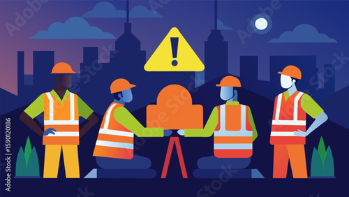 A group of construction workers wearing reflective vests gathering for a break under a brightly lit construction site sign after a long night of work.. Vector illustration