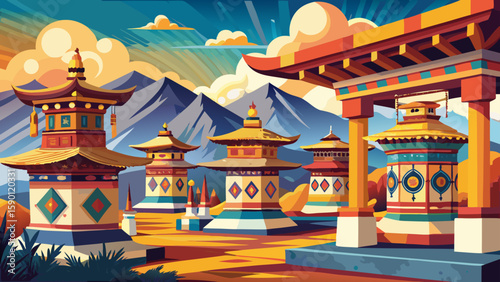 Thimphu, Bhutan – Prayer wheels spin beside traditional Bhutanese buildings and mountainous horizons, ideal for peaceful, spiritual, and ornate vector storytelling.