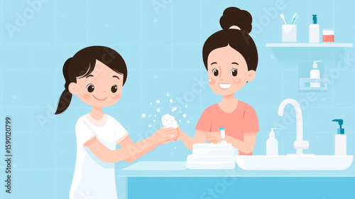 Interactive guide to handwashing steps for kids with parent in bathroom setting