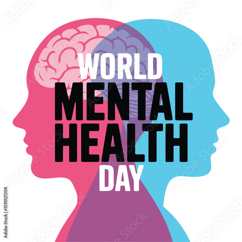 Celebrating World Mental Health Day with a symbolic illustration featuring overlapping head silhouettes in pink and blue, highlighting the importance of psychological well-being and awareness.